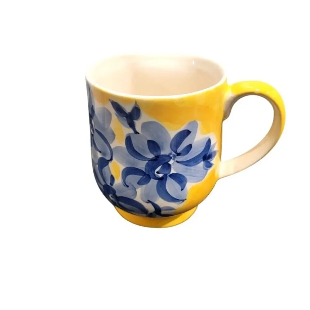 Hues N Brews Yellow Blue Ceramic Mug with‎ Side Teabag Pocket, Floral Design